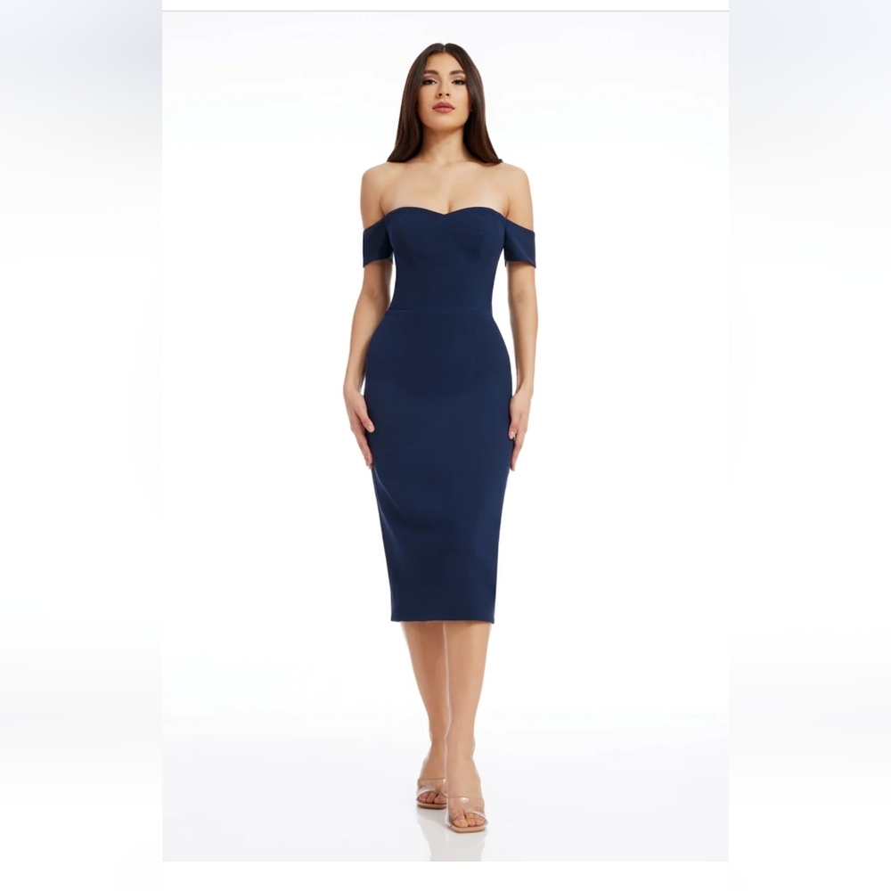 Dress The Population Bailey Dress Off Shoulder Classic Elegance NWT S Blue